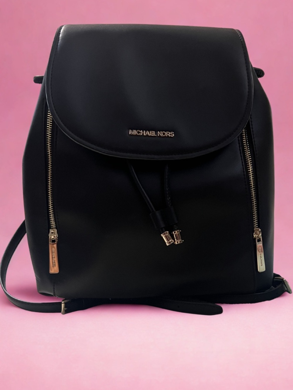 Michael Kors Black Leather Backpack with Gold Hardware